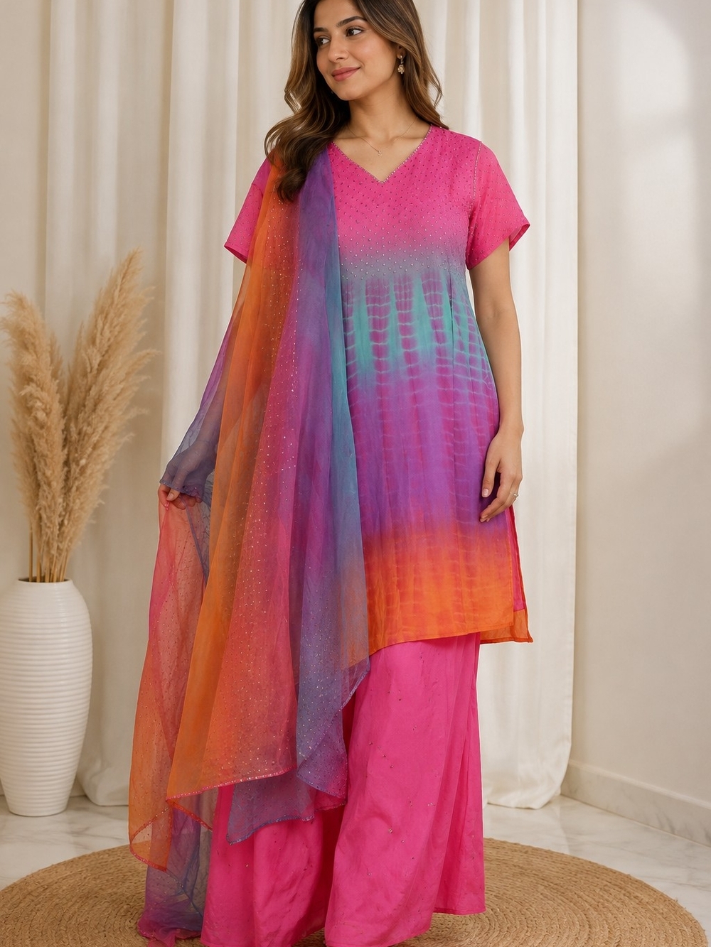 Women's Tie-Dye Pink and Multicolor Palazzo 3 Piece Set